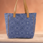 Navy Blue Geometric Printed Structured Shoulder Bag with Mirror Work