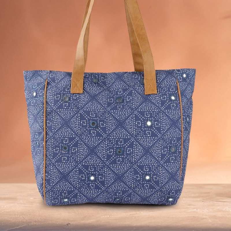 Navy Blue Geometric Printed Structured Shoulder Bag with Mirror Work