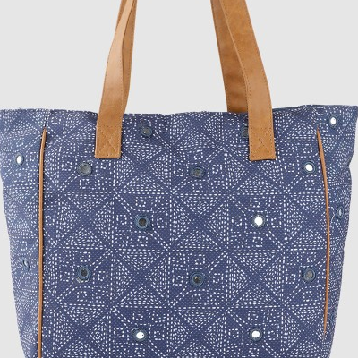 Navy Blue Geometric Printed Structured Shoulder Bag with Mirror Work